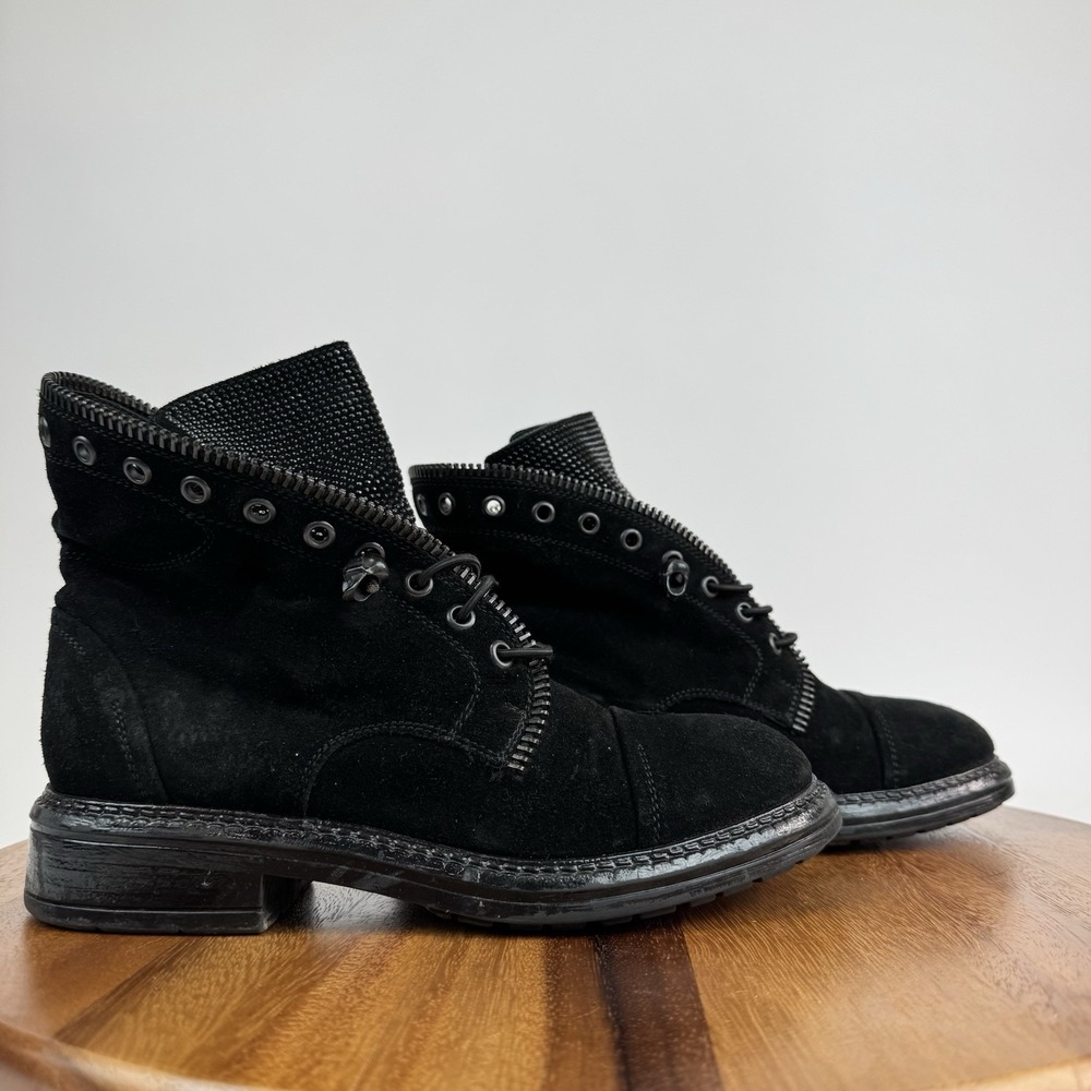 Womens 275‎ Central Black Suede Crystal Skull Lace Up Ankle Combat Boots Size 36